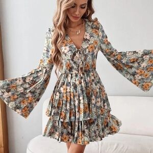Allover Floral Knot Layered A-line Dress with Bell Sleeves